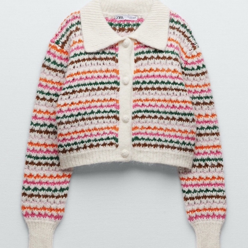 Zara Cream and Pink Striped Knit Cardigan